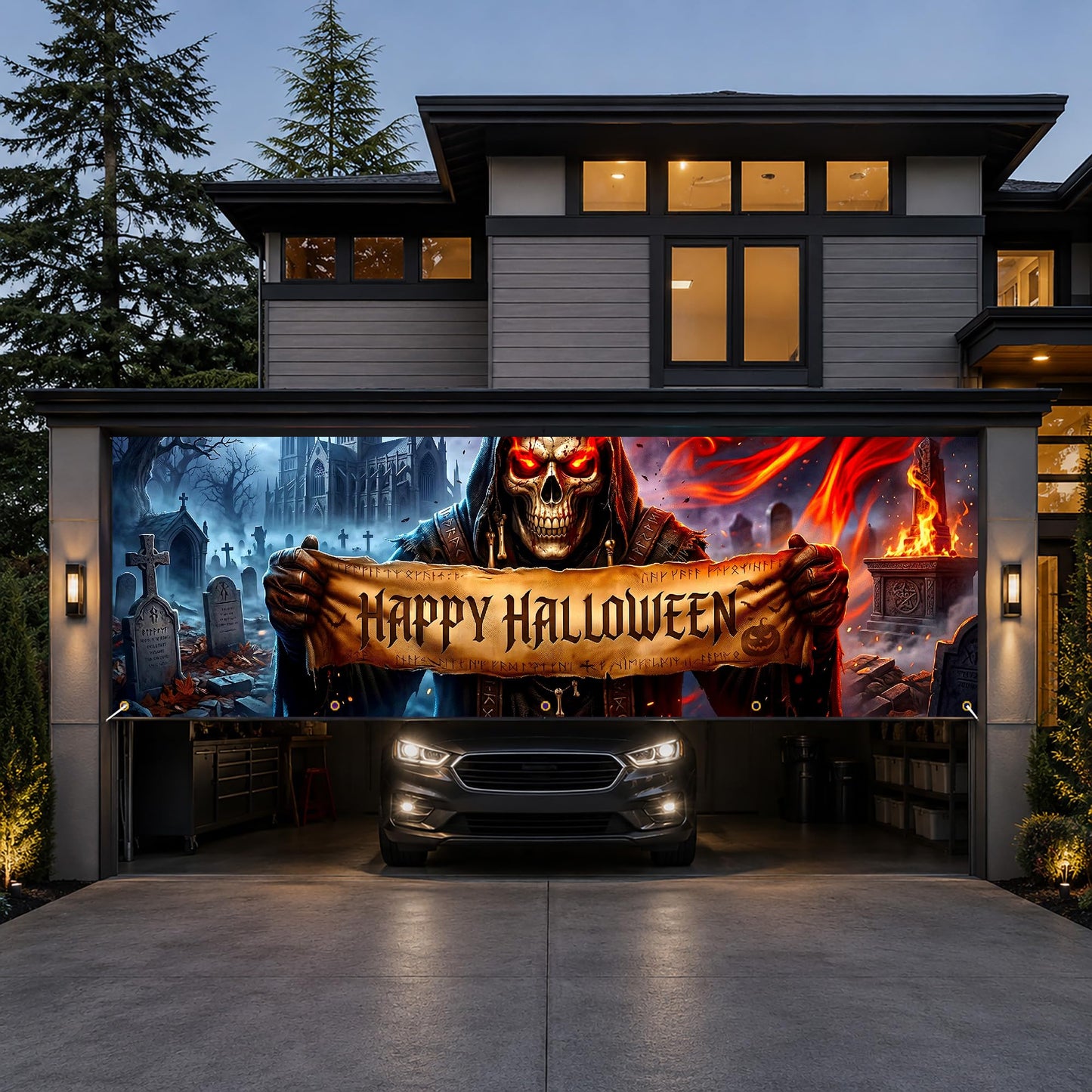Halloween Garage Door Banner 13x6 FT Outdoor Decoration, Large Spooky Yard Decor Backdrop, Weatherproof Easy Install for Halloween Party (Funny Witch Cat Door Scene, 6 x 13 ft)