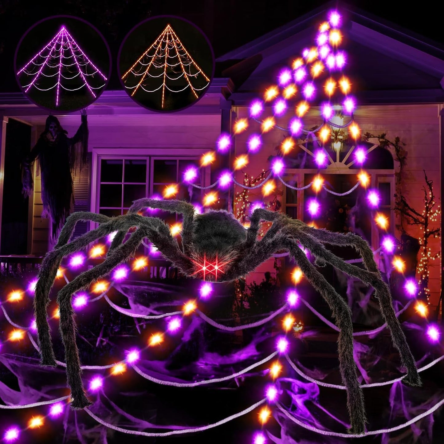 Halloween Spider Web Lights Outdoor Decorations 16.4x18.4FT 280 LED Giant Spider Web with 79" Large Spider Lighted Web with Purple Orange Lights 8 Modes Timer Waterproof for Yard Haunted Mansion Decor