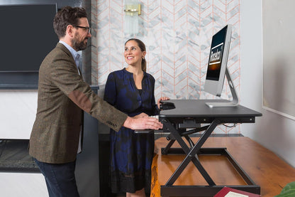 Rocelco 40" Height Adjustable Standing Desk Converter with AC Outlet and USB Charger - Gas Spring Sit Stand Up Dual Monitor Tabletop Riser Workstation - Large Keyboard Tray - Black (R DADRB-40-ACUSB)