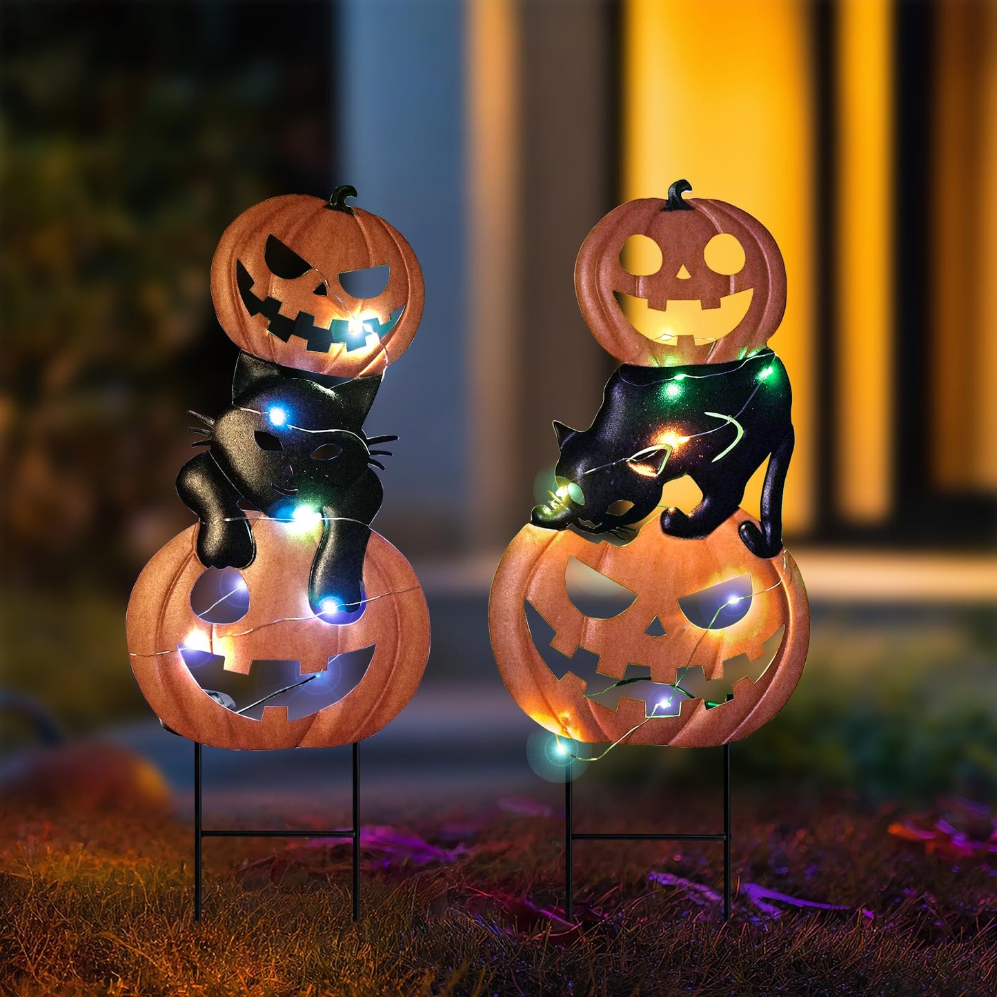 HONGLAND Halloween Decorations Solar Lights, 2 Pack Outdoor Waterproof Metal Pumpkin Stake with Black Cat Jack-o-Lantern for Yard, Garden, Pathway