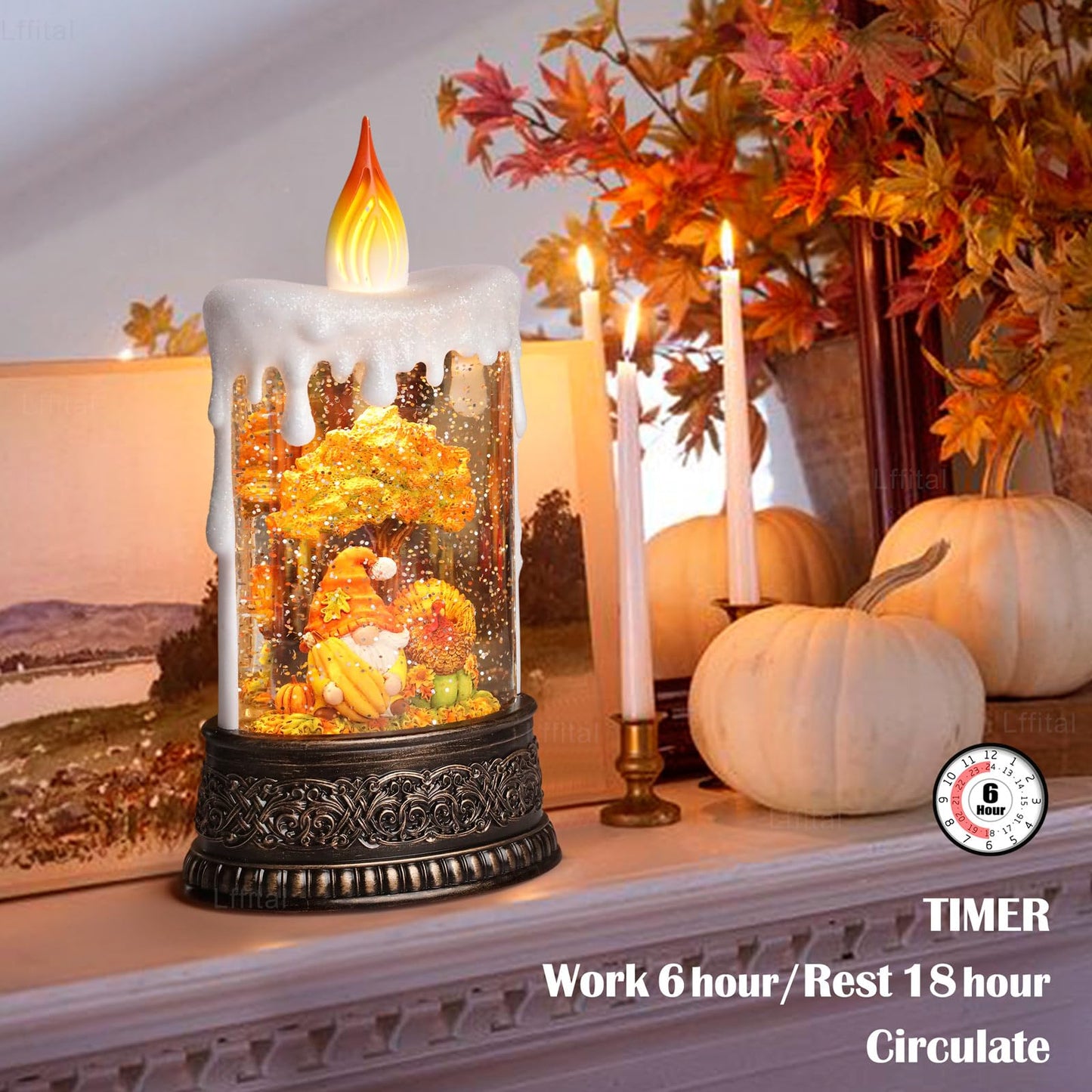 Lffital Fall Snow Globe Lantern Fall Decor Candle Shape with Gnome and Turkey, Lighted Thanksgiving Decorations with Timer Swirling Glitter for Tabletop Autumn Festival Harvest Day