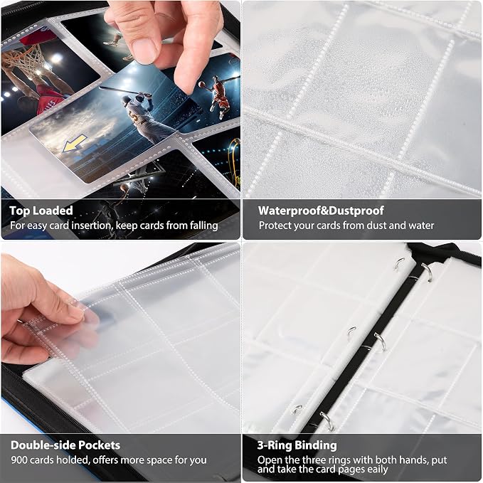 WOT I Baseball Card Binder, 900 Pocket Sleeves with Zipper, Double Sided Pockets Carry Case for Baseball, Football Cards (Blue)