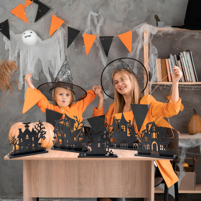 WATINC Halloween Wooden Centerpiece Decorations - 5Pcs Silhouette Haunted House Wood Tabletop Decor, Black Sketch Ghost Pumpkin Boo Detachable Tiered Tray Signs Tables Topper for Home Kitchen Party