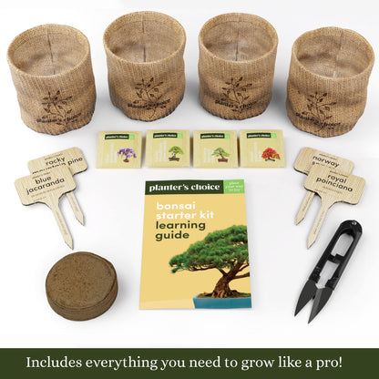 Planter's Choice Bonsai Tree Kit for Beginners & Plant Lovers - Grow Your Own Bonsai from Seed, 4 Species Starter Kit with Burlap Pots, Shears, Soil Disc, Markers & Guide, Gift for Mom or Grandma