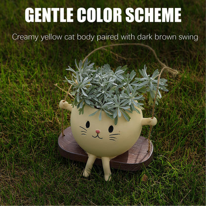 Swing Cat Hanging Planter, Resin Cute Cat Succulent Pot, Dual-Use Indoor Outdoor Plant Holder, Creamy Yellow Swing Flower Pot, Adorable Hanging Planter for Small Plants