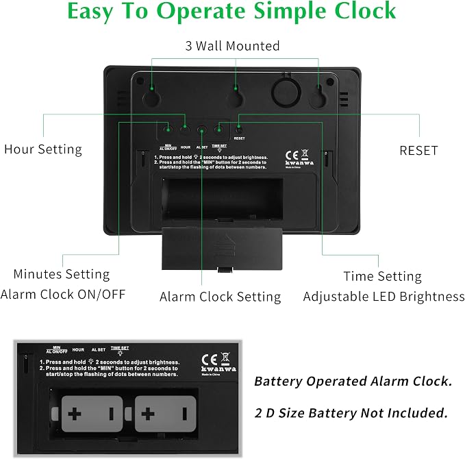KWANWA Large Digital Alarm Clock, 3" LED Display Battery Operated, Dimmable Auto Night Mode, Easy to Read for Seniors Visually Impaired, Cordless Wall Clock or Table Clock for Bedroom Kitchen Office