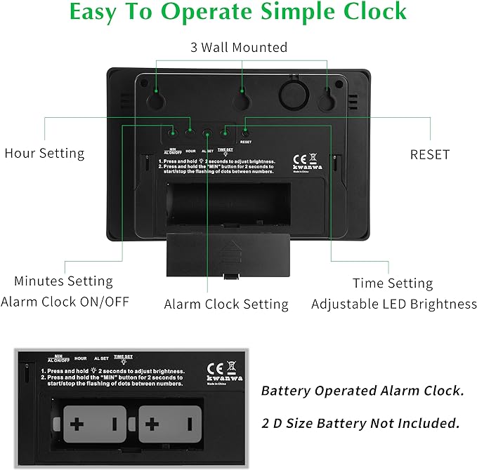 KWANWA Large Digital Alarm Clock, 3" LED Display Battery Operated, Dimmable Auto Night Mode, Easy to Read for Seniors Visually Impaired, Cordless Wall Clock or Table Clock for Bedroom Kitchen Office