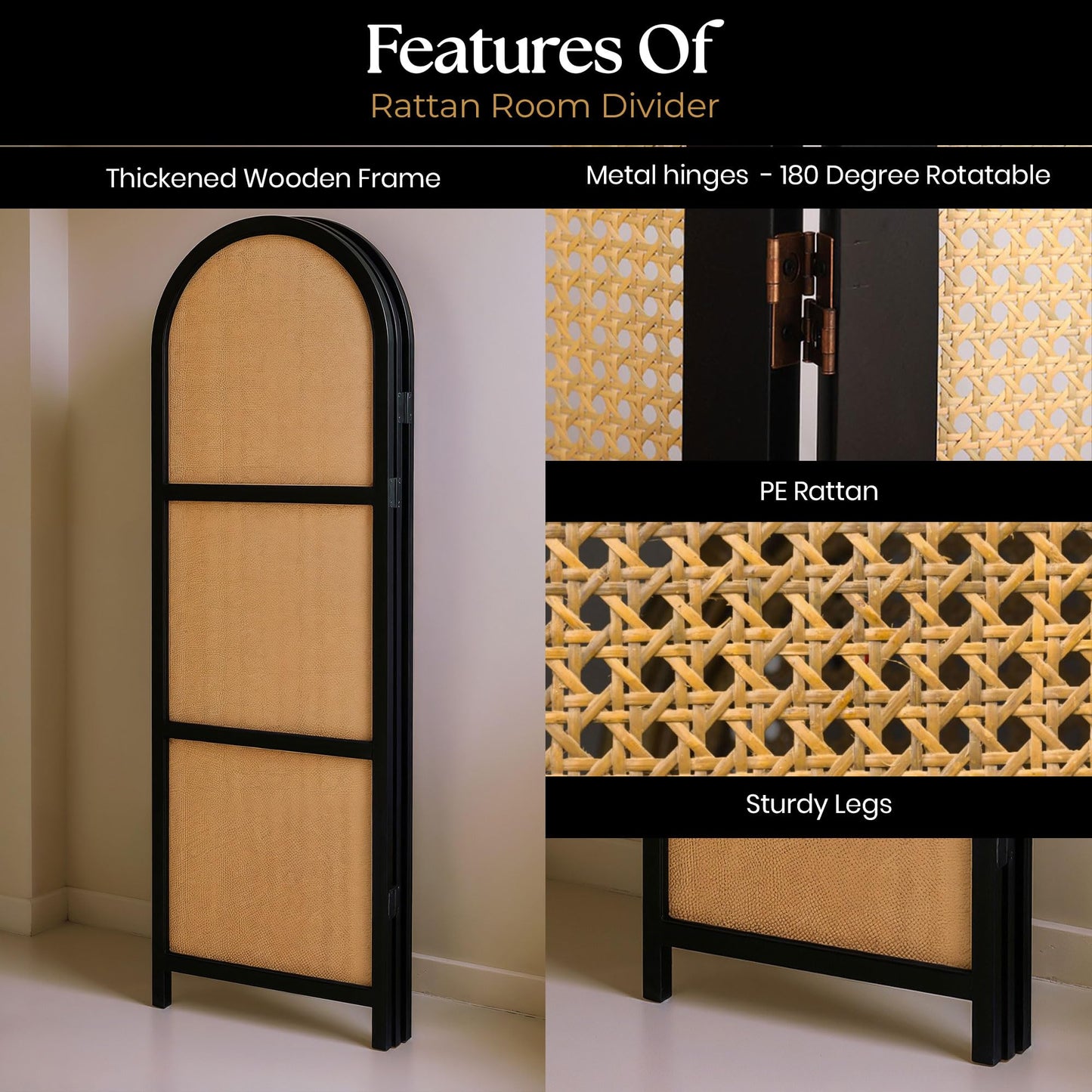 ELK & ELDER 3-Panel Room Divider | Folding Privacy Screen with Arched Dark Wood Frames and Light Woven Panels | Portable Divider for Home,Office, Living Room, Bedroom | 66" H x 56" W |Dark Wood/Beige
