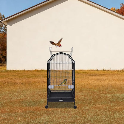 40-Inch Wrought Iron Bird Cage with Open-Top and Rolling Stand, Movable Parrot Cage Pet Bird Flight Cage, 360 Degree View Spacious Interactive Roof Pet Bird House for Medium&Small Birds