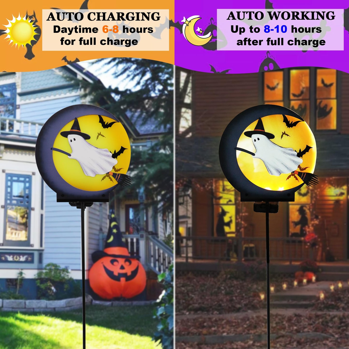 Halloween Ghost Solar Light Stakes Decorations Outdoor, Halloween Lights Ornaments Holiday Decorations Party, Ghost Moom Silhouette Outdoor Halloweens Decor