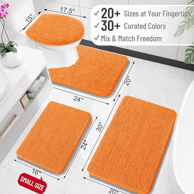 OLANLY Toilet Rugs U-Shaped 24x24, Extra Soft Absorbent Chenille Contour Bathroom Rugs for Toilet, Dry Quickly, Machine Washable, Non-Slip Bath Mat, Orange