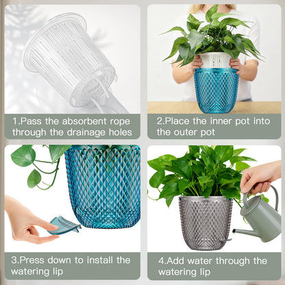 QCQHDU 2 Pack Self Watering Pots, 7.2 Inch Flower Pots with Drainage Holes and Water Filling Port, Plastic Garden Planter for Indoor Outdoor Plants (Gray)