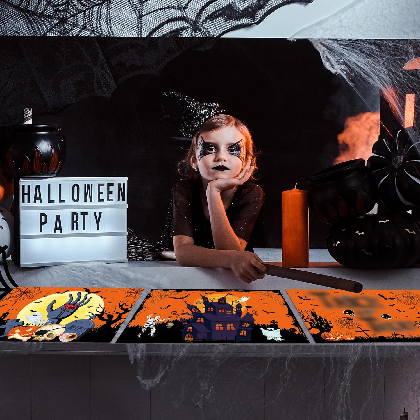 Halloween Plastic Placemats Set of 6 Table Mats Kitchen Decor Wipe Clean Washable Orange Halloween Place Mats for Indoor Outdoor Heat Resistant Kitchen Dining Table