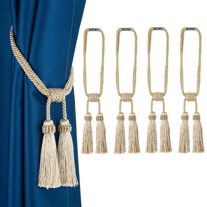 Fenghuangwu Magnetic Curtain Tiebacks 4Pack Tassel Curtain Tieback Modern Handmade Tie Backs,Decorative Tassel Holdback for Draperies,Window Decor(Beige)
