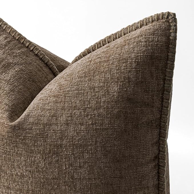 MIULEE Pack of 2 Couch Throw Pillow Covers 18x18 Inch Brown Farmhouse Decorative Pillow Covers with Stitched Edge Soft Chenille Solid Dyed Pillow Covers for Sofa Bed Living Room