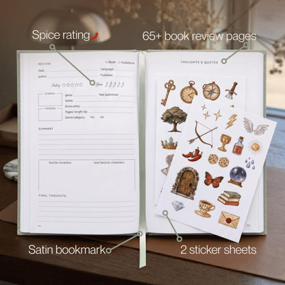 Reading Journal for Book Lovers – Linen Hardcover Book Journal with Slipcase, Reading Log & Review Pages (67 Books), Fantasy Aesthetic Cover, Sticker Sheets Included, Book Tracker Gift for Readers (Sage Green)
