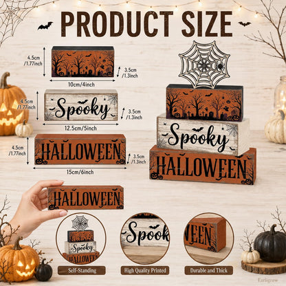 4 Pcs Halloween Table Decorations, Spider Web Tiered Tray Decor, Farmhouse Rustic Wooden Block Signs, Spooky Halloween Tabletop Centerpiece for Home Kitchen Shelf Office Mantel