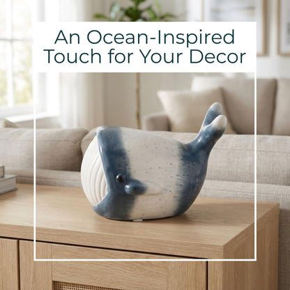 Blue Whale Figurine – Coastal Stoneware Sculpture, Ocean Animal Ceramic Statue for Shelf or Coffee Table Display, Nautical Accent for Living Room or Office Home Decor – 5", Blue & White