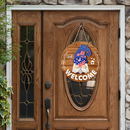 Interchangeable Gnome Welcome Sign Summer Patriotic 4th of July Porch Decor, Changeable Wooden Gnomes Front Door Decoration Wreath Hanger for Spring Fall Winter All Seasons Holiday, Red Brown