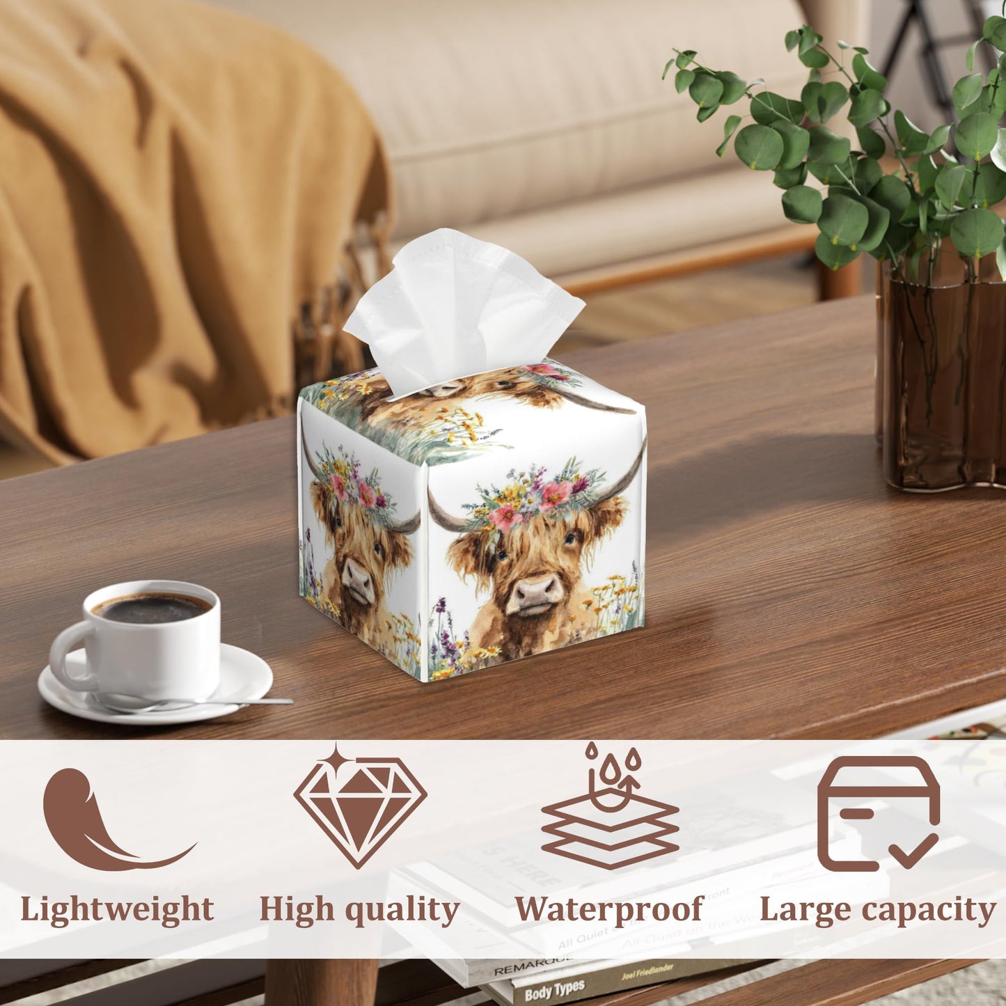 Highland Cow Flowers Square Tissue Box Holder Waterproof Leather Facial Paper Organizer Dispenser for Bathroom Home Kitchen Car Nightstand Vanity Desk，2Pack