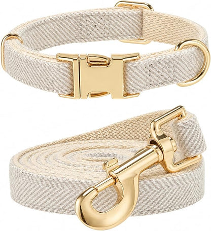 Herringbone Tweed Dog Collar and Leash Set for Small Dogs, Gray | Snag-free, no-rub design. Soft breathable cotton, gentle on fur. Adjustable durable matching combo for walks & outdoors.
