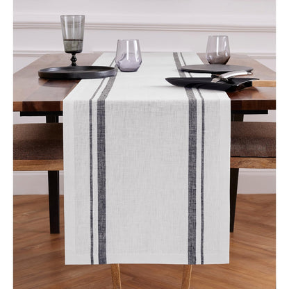 Solino Home Linen Table Runner 72 Inches Long - 100% Pure Linen Black and White French Stripe Table Runner 16 x 72 Inch for Dining, Dresser, Summer