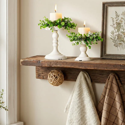 Rustic Iron Pillar Candle Holder: White Farmhouse Candle Holder with Greenery Wreaths Set of 2, Elegant Large Candle sticksholder Decor for Wedding, Coffee Table Centerpieces, Living Room, Home Decor