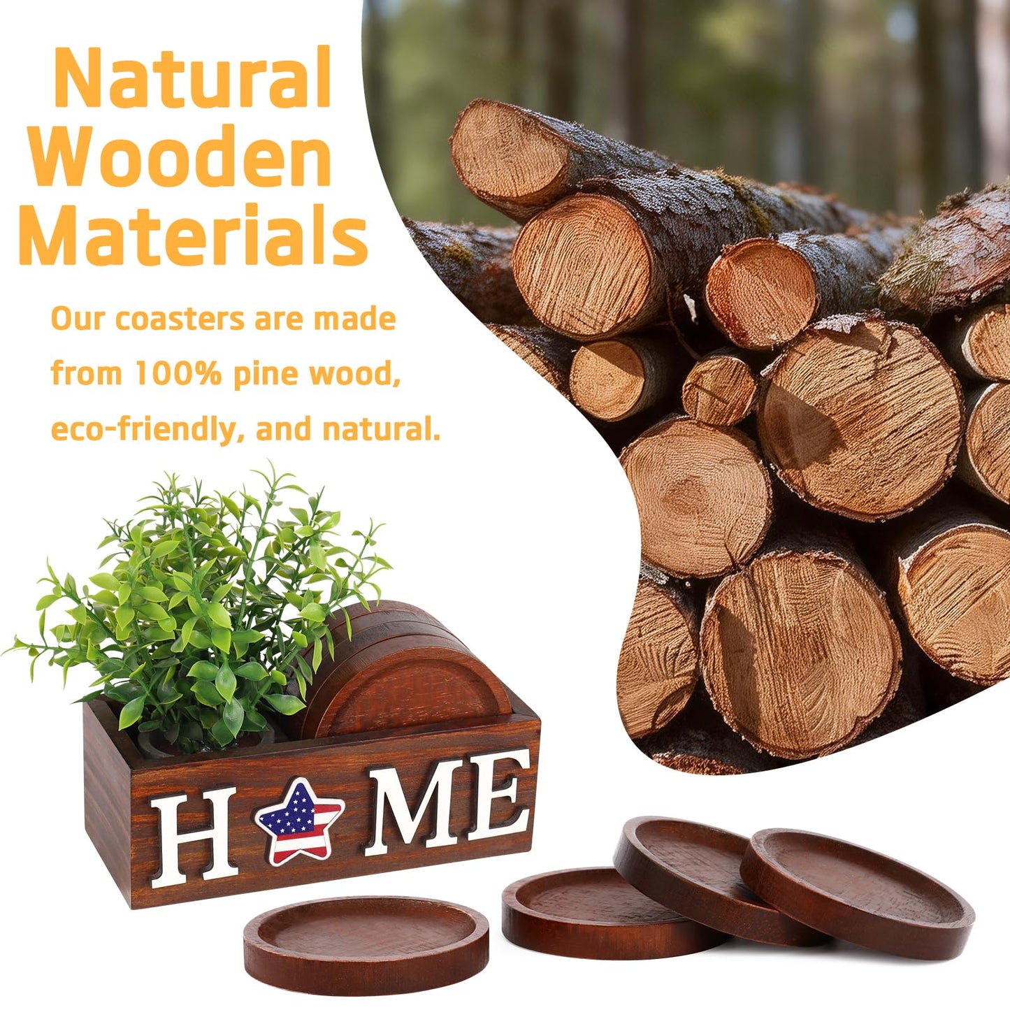 PurpleSwan 4 Pcs Wood Coasters for Drinks with Holder, Interchangeable Home Sign Green Plants Potted Wooden Coaster Set, for Farmhouse Office Bar Drink Coffee Coasters Table Decor.