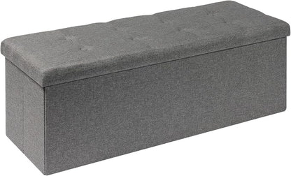 PINPLUS Folding Storage Ottoman Bench, Grey Linen Long Ottoman Chest Foot Rest Stool with Padded Seat, Chest with Cover, Bedroom Bench with Storage, 43.3inches