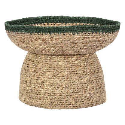 Lagena Decorative Pedestal Bowl, Handwoven Natural Grass Key Bowl and Fruit Bowl, Entryway Table Decor, Coffee Table and Bookshelf Styling, Boho and Farmhouse Home Decor, Green Trim, 8in Wide 6in Tall