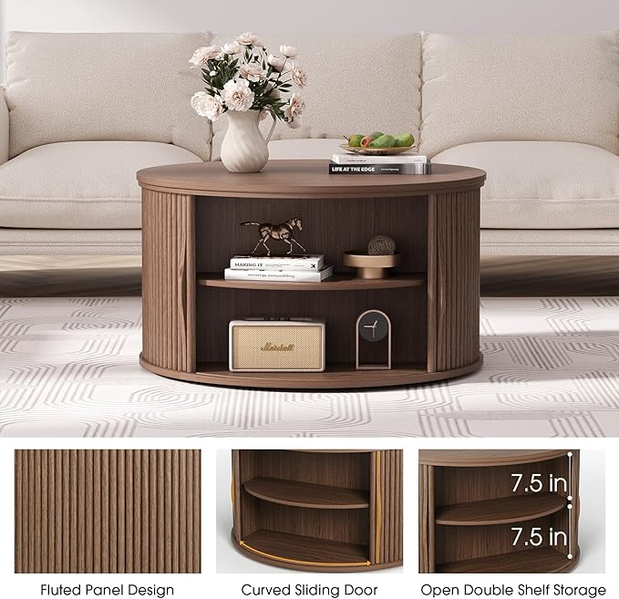 Round Lift Top Coffee Table, 31.5” Mid Century Modern Center Table with Hidden Storage, Fluted Circle Coffee Tables for Living Room, Home Office, Walnut