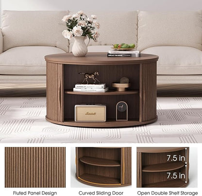 Round Lift Top Coffee Table, 31.5” Mid Century Modern Center Table with Hidden Storage, Fluted Circle Coffee Tables for Living Room, Home Office, Walnut