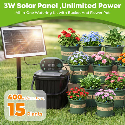Solar Drip Irrigation System Kit, Auto Watering Kit for 15 Pots, 3W Solar Powered Auto Easy DIY Watering Device,22 Timing Modes with with Anti-Siphoning Device & Buckets and Flower Pots