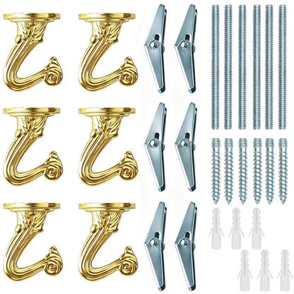 RiseDirectly 6-Pack Heavy Duty Gold Ceiling Hooks for Hanging Plants, Swag Hooks with Hardware for Chandeliers, Indoor Plant Hangers & Lightweight Decor
