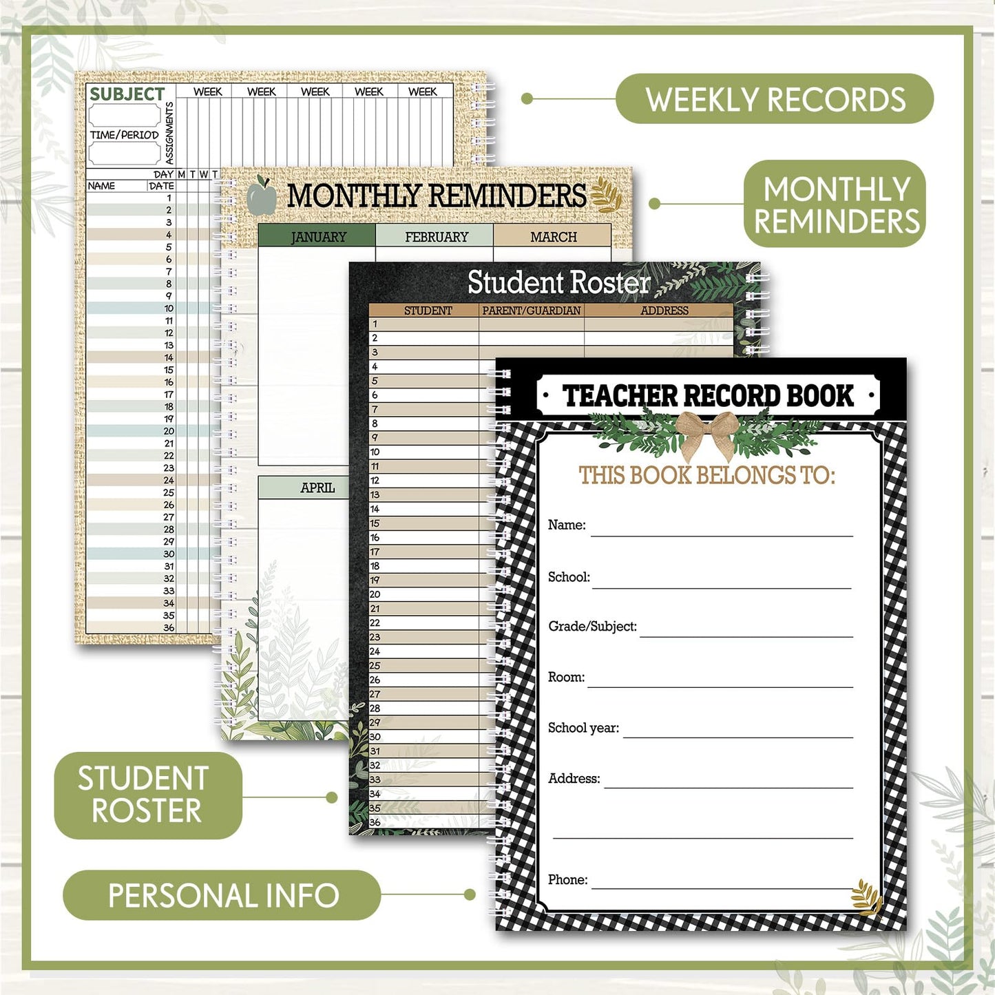 Fuyoooo Farmhouse Teacher Record Book Teacher Grade Books 2026-2027 Spiral Bound Record Planner 2026 Class Grade Book Office Favors for Classroom Attendance Decoration Double Sided
