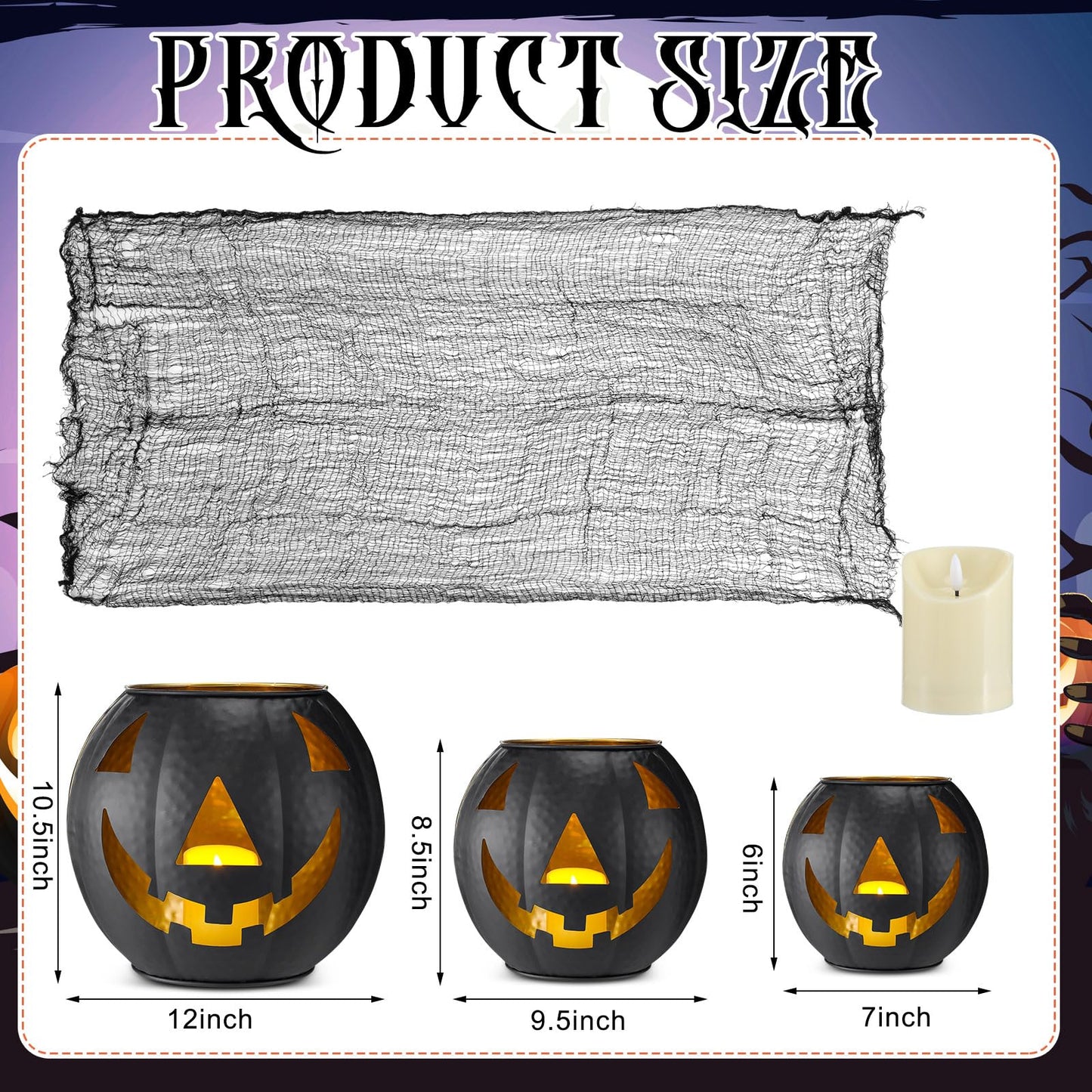 Kittmip 3 Pcs Halloween Metal Jack O Lanterns Pumpkin Set with LED Candles and Black Creepy Cloth Set of 3 Jack O Lantern Halloween Fall Outside or Inside Table Ornaments for Home Festival Party Decor