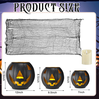 Kittmip 3 Pcs Halloween Metal Jack O Lanterns Pumpkin Set with LED Candles and Black Creepy Cloth Set of 3 Jack O Lantern Halloween Fall Outside or Inside Table Ornaments for Home Festival Party Decor