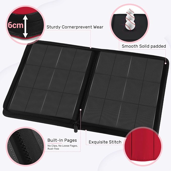 12 Pocket Zipper Trading Card Binder, 720 Large Capacity Side Loading Non-Ring Card Album, Double Sided Acid-Free Card Protector Binder for TCG, MTG, Sport Card, Red