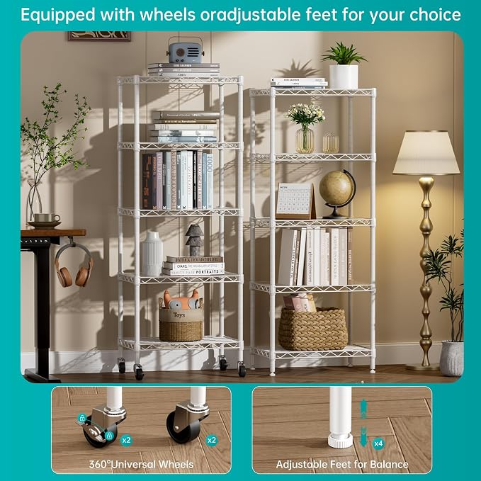 SINGAYE 6 Small Shelf Storage Wire Shelves Closet Bathroom Organizers Metal Pantry Kitchen Garage Shelving Unit Laundry Room Organization Home Narrow Rack Net Basket with Wheels White