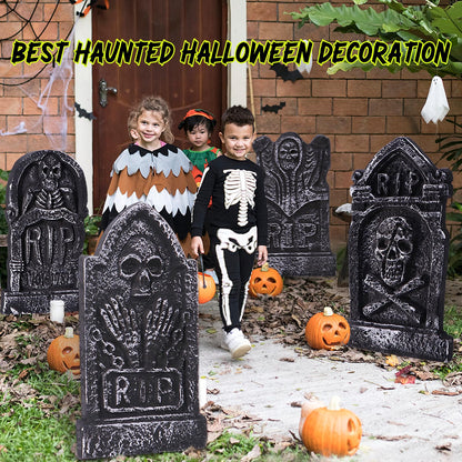 Sizonjoy Halloween Decorations, Foam RIP Graveyard Tombstones, 4 Pack Graveyard Headstone Decorations with 8 Bonus Stakes for Lawn Outside Decor (17In)