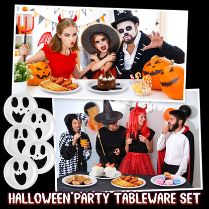 Roshtia 100 Pcs Halloween Paper Plates 7 Inch Round Decorative Ghost Dinner Plates Bulk for Trick or Treat Birthday Party Supplies