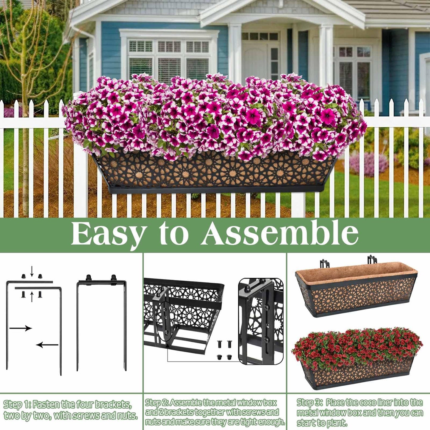 Halatool Railing Window Balcony Deck Planter Boxes Outdoor, 2 Pack 24 Inch Metal Heavy Duty Planter Boxes with Coco Liner for Windowsill Fence Porch Patio Lawn