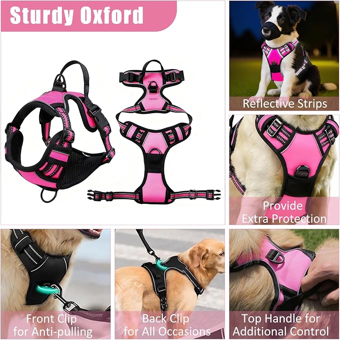 No Pull Dog Harness Adjustable Collar & Leash Set - Dog Halter Harnesses Collapsible Bowls & Poop Bag Dispenser Muzzle ID Tags Toys Fits Small Medium Large Dogs (Pink-S)