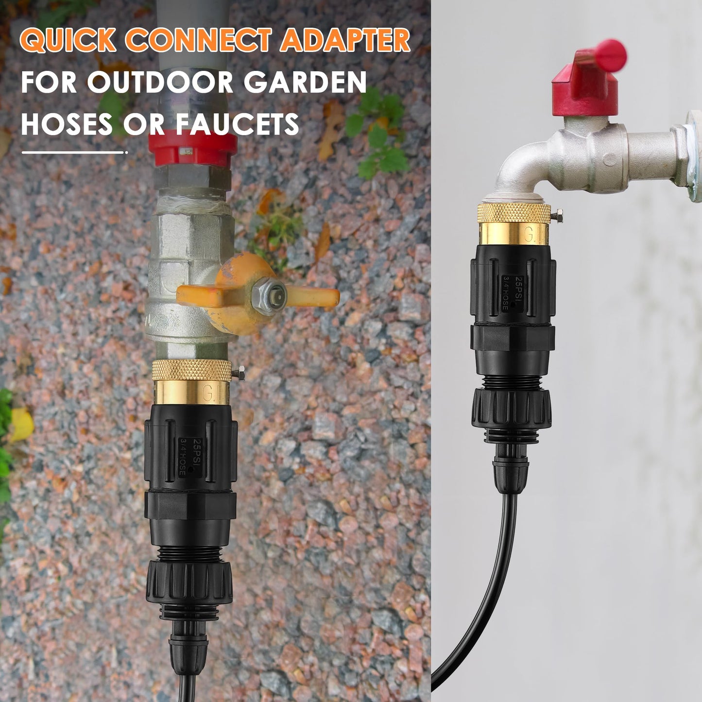 Gulfmew Drip Irrigation Faucet Adapter 25 PSI, 1/4" Tubing Quick Connect to 3/4" Garden Hose with Backflow Preventer, Filter, Plumbers Tape, Pressure Regulator, Copper Drip Irrigation System Fittings