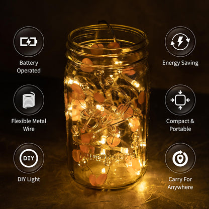 West Ivory LED String Fairy Light 20 LEDs, Pink Hearts & Clear Beads, Battery Powered, Warm White, 5 Feet