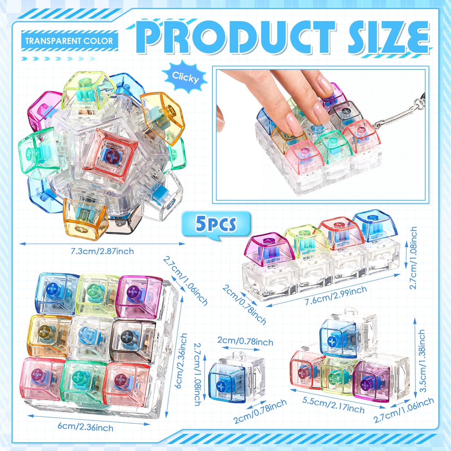 Halloscume 5 Pcs Keyboard Adult Fidget Clicker in 5 Styles Keyboard Fidget Keychain Cube Mechanical Key Button Clicker Stress Relief Gift for Office Home Pass Time(Color Transparent)