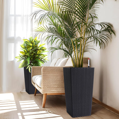 GarveeLife 22.5 in Tall Planter Set of 2 Large Rattan Flower Pot with 2 Trays & a Water Level Monitor & Wheels Outdoor and Indoor for Patio, Porch, Living Room, or Home Office, Black