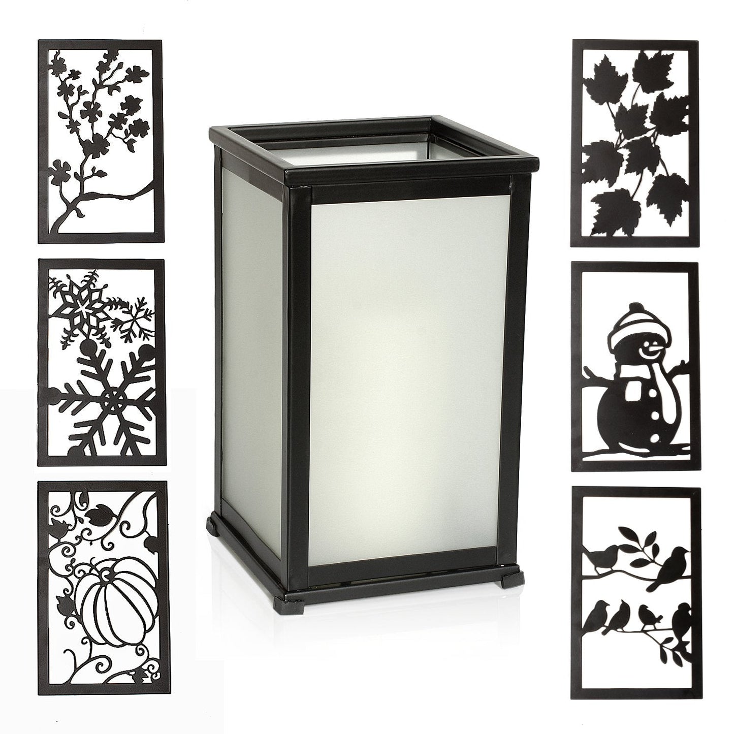 Decorative LED Candle Lantern with Timer & 12 Magnetic Seasonal Panels - Battery Operated Flameless Flickering Candle - Rustic Black Metal Lantern for Indoor & Outdoor Home Decor, 5” x 5” x 8.5”