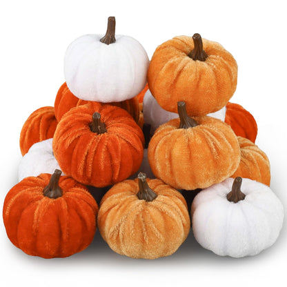 18 Pcs Fall Artificial Velvet Pumpkins Fake Fabric Pumpkin Faux Foam Pumpkins Orange Yellow White Artificial Pumpkin Decorations for Fall Harvest Thanksgiving Halloween Farmhouse Table Centerpiece
