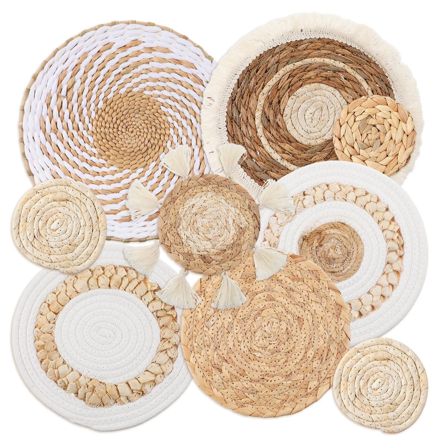 9 Pack Boho Wall Basket Decor, Seagrass Rattan Woven Wall Basket Decoration, Wicker Boho Walls Decor, Round Handmade Bohemian Hanging Baskets for Farmhouse, Living Room, Display Table Setting, Kitchen